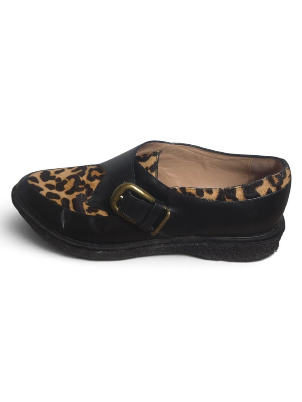Belle Sigerson Morrison Black Leopard Print Leather Pony Hair Loafer with Buckle